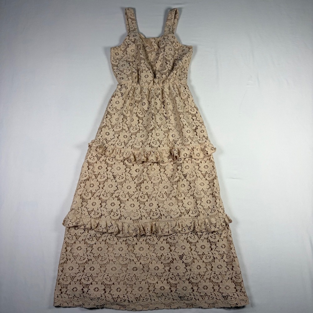 Lily Bleu Lace Tiered Ruffle Maxi Dress Boho Tan Coattagecore Party Kids Size 7